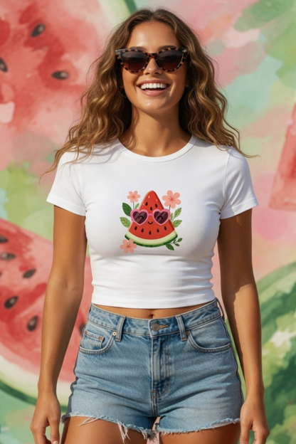 Woman wearing a white t-shirt with a watermelon design against a colorful watermelon-themed background