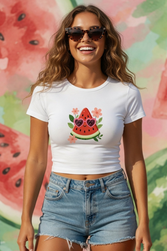 Woman wearing a white t-shirt with a watermelon design against a colorful watermelon-themed background