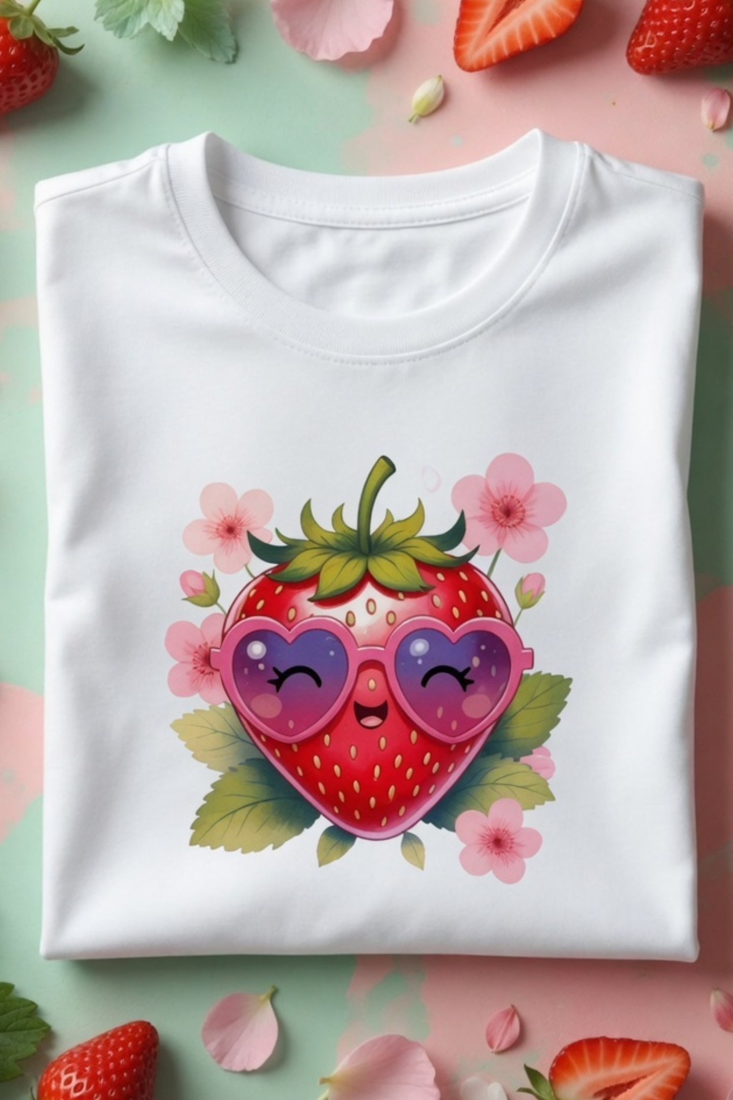Strawberry Kiss Crew Neck T-Shirt – Cute Pastel Summer Tee