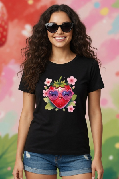 Strawberry Kiss Crew Neck T-Shirt – Cute Pastel Summer Tee