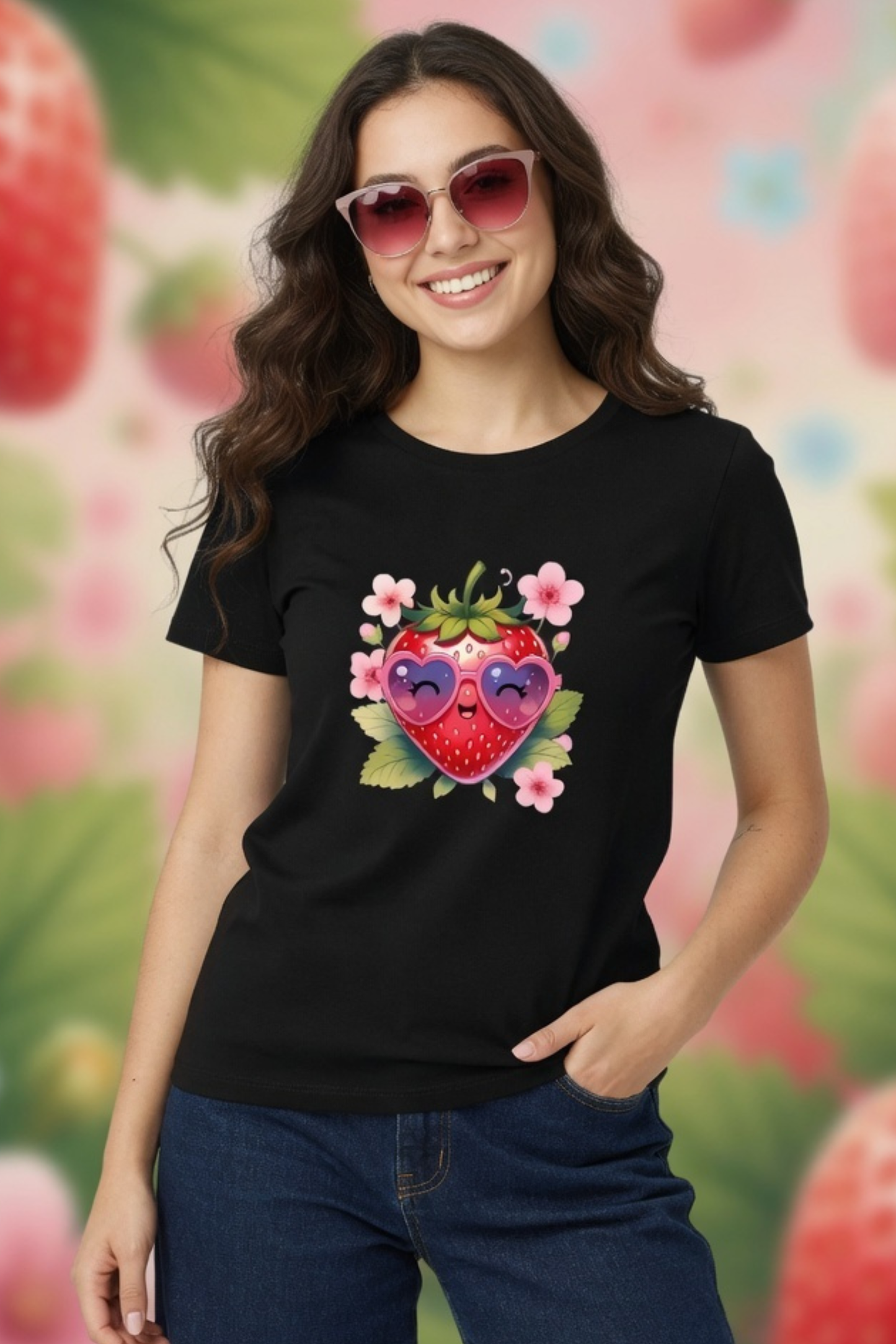Strawberry Kiss Crew Neck T-Shirt – Cute Pastel Summer Tee