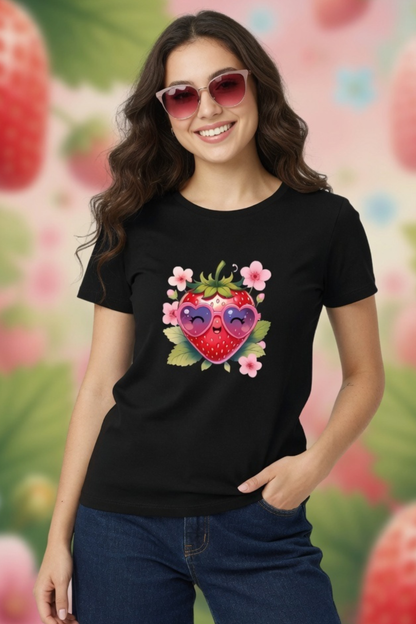 Strawberry Kiss Crew Neck T-Shirt – Cute Pastel Summer Tee