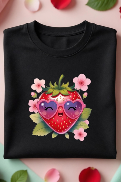 Strawberry Kiss Crew Neck T-Shirt – Cute Pastel Summer Tee