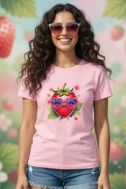 Strawberry Kiss Crew Neck T-Shirt – Cute Pastel Summer Tee