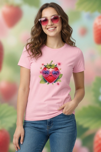 Strawberry Kiss Crew Neck T-Shirt – Cute Pastel Summer Tee