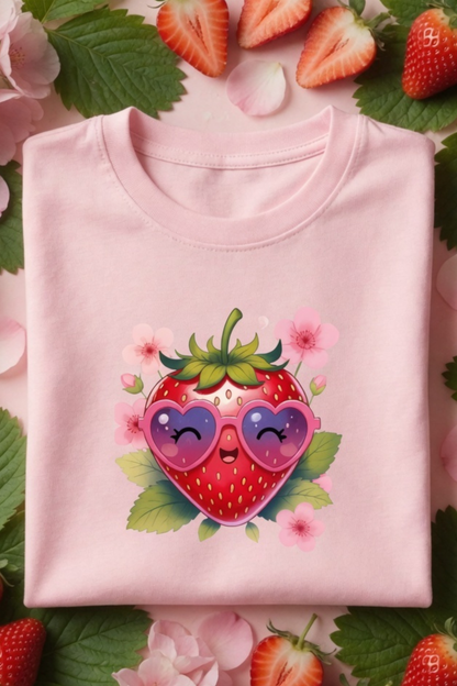 Strawberry Kiss Crew Neck T-Shirt – Cute Pastel Summer Tee
