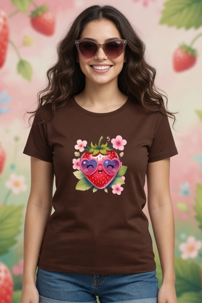Strawberry Kiss Crew Neck T-Shirt – Cute Pastel Summer Tee