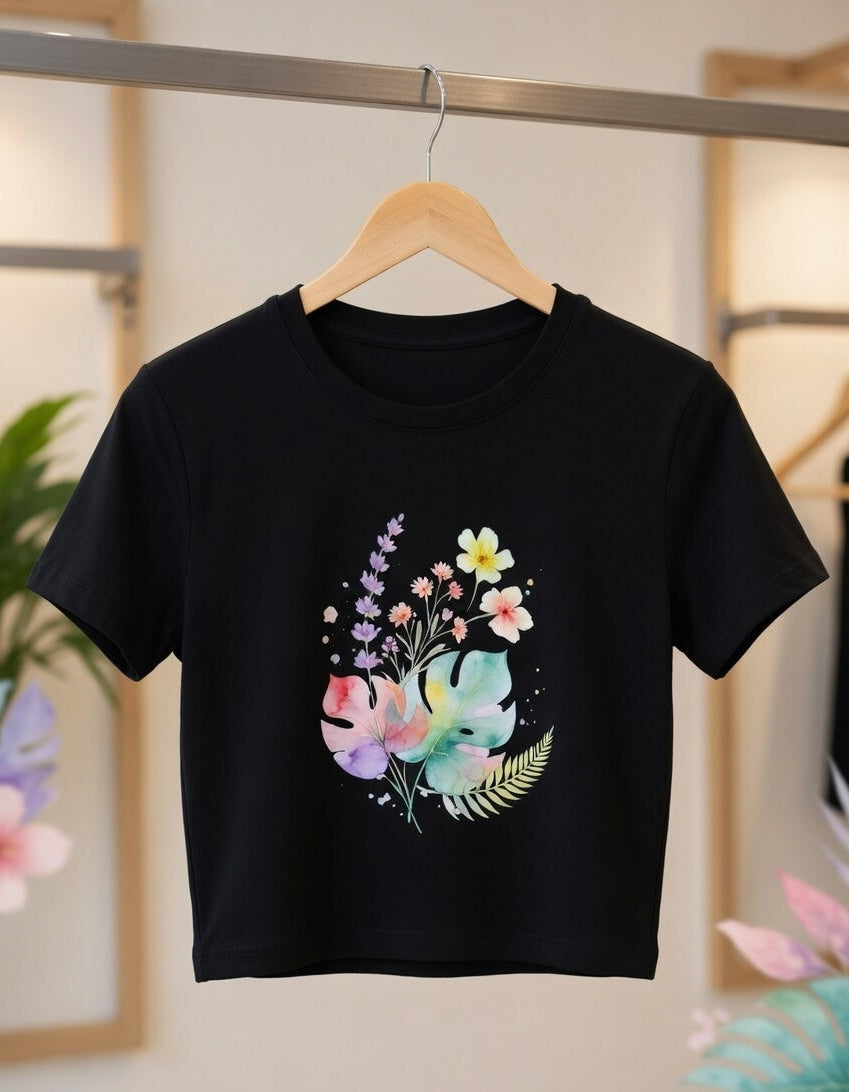 Black t-shirt with colorful floral design on a hanger against a blurred indoor background