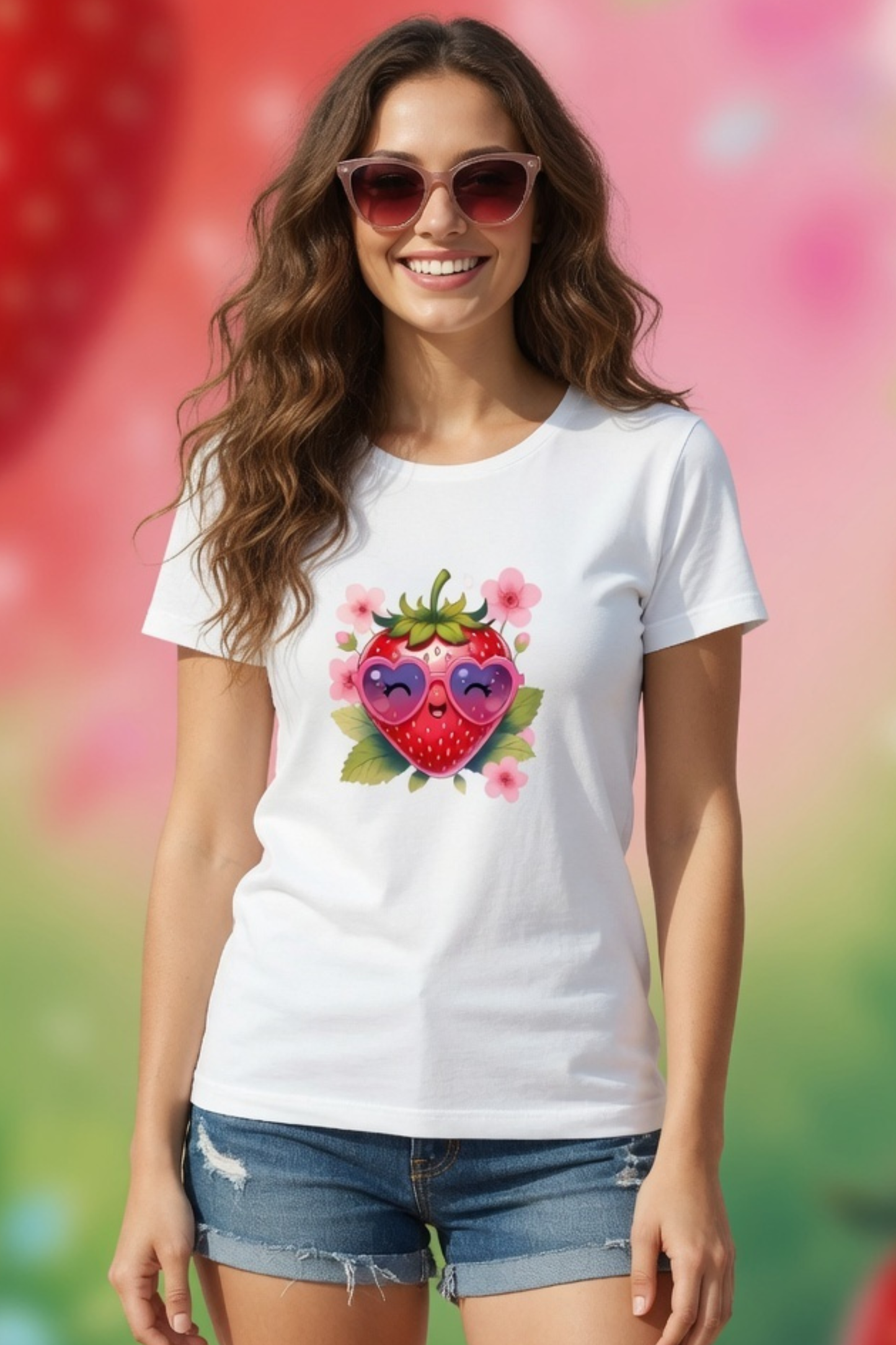 Woman wearing a white t-shirt with a strawberry heart design against a colorful background