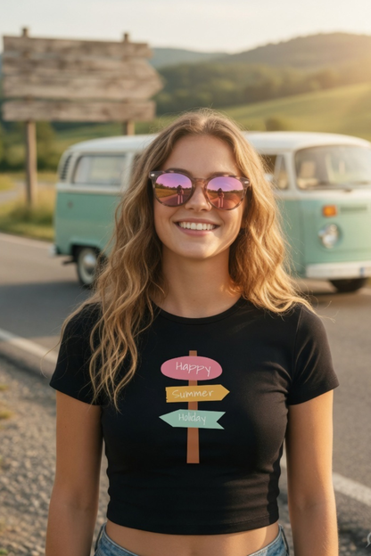 Happy Summer Holiday Baby Tee – Road Trip Crop Top for Women