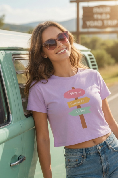 Happy Summer Holiday Baby Tee – Road Trip Crop Top for Women