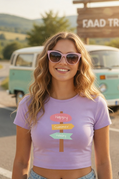 Happy Summer Holiday Baby Tee – Road Trip Crop Top for Women
