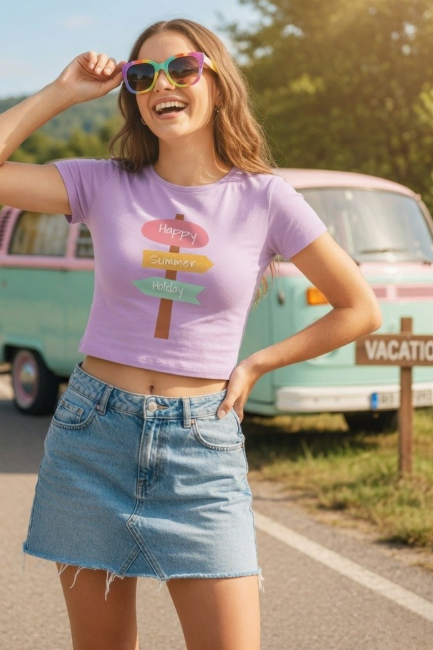 Happy Summer Holiday Baby Tee – Road Trip Crop Top for Women