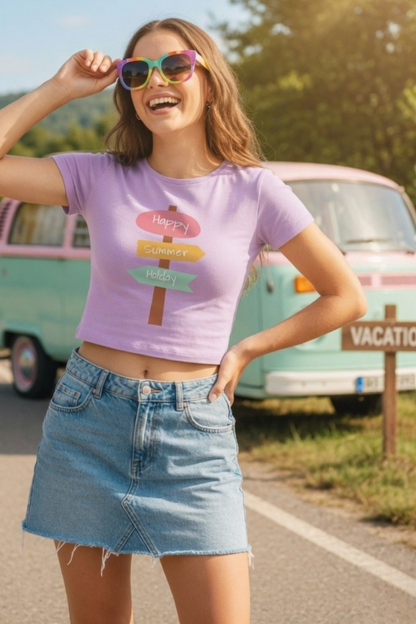 Happy Summer Holiday Baby Tee – Road Trip Crop Top for Women