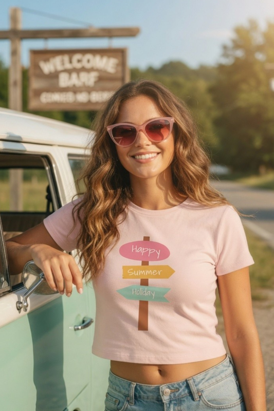 Happy Summer Holiday Baby Tee – Road Trip Crop Top for Women