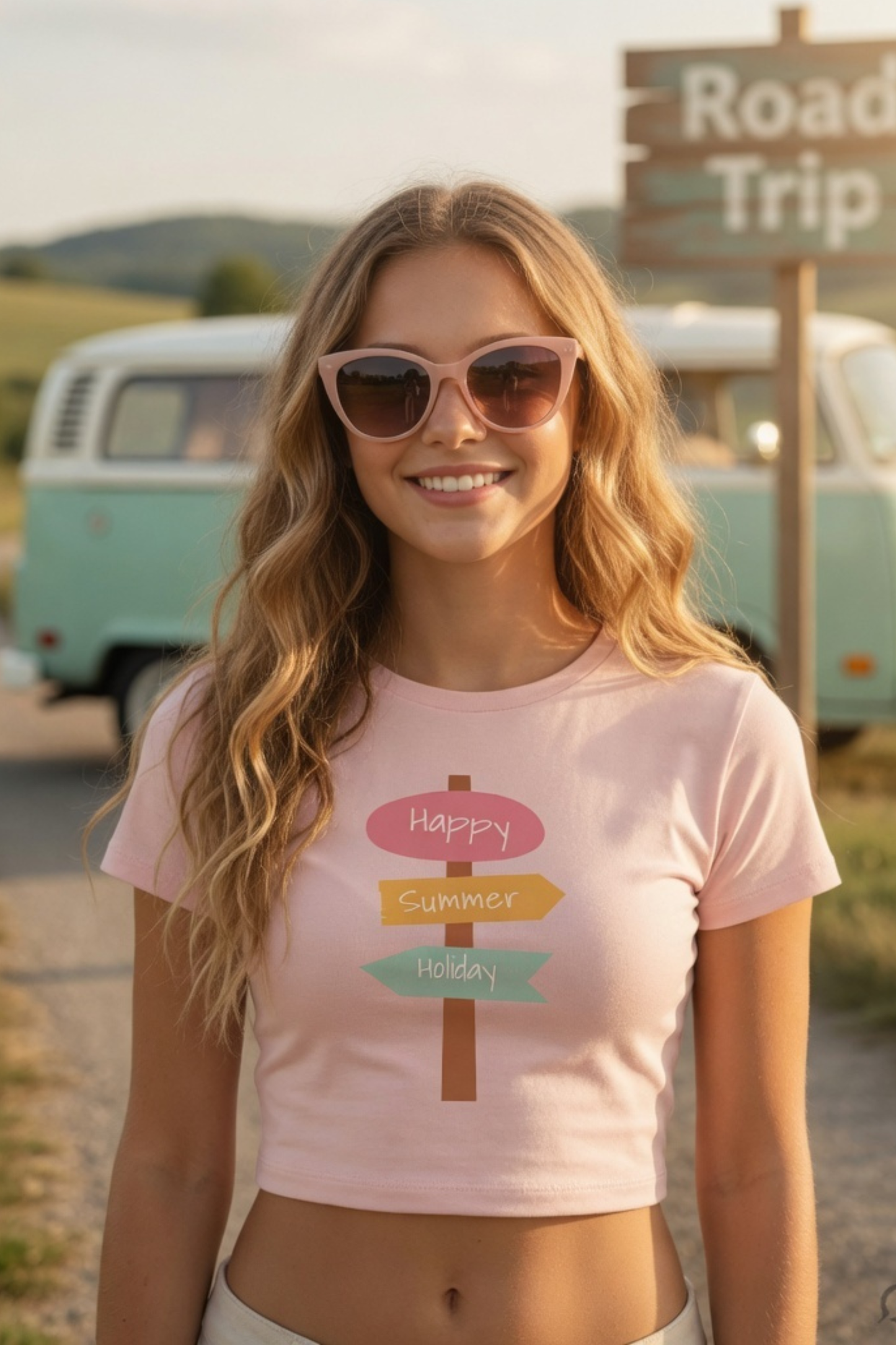 Happy Summer Holiday Baby Tee – Road Trip Crop Top for Women
