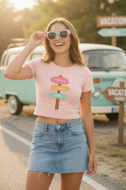 Happy Summer Holiday Baby Tee – Road Trip Crop Top for Women