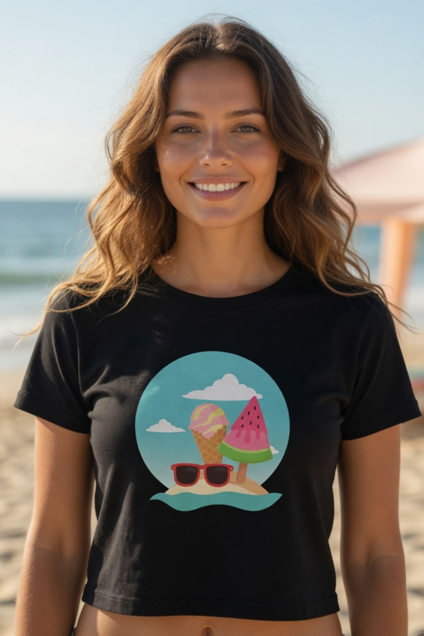 Summer Vibes Baby Tee – Ice Cream & Watermelon Beach Graphic Crop Top