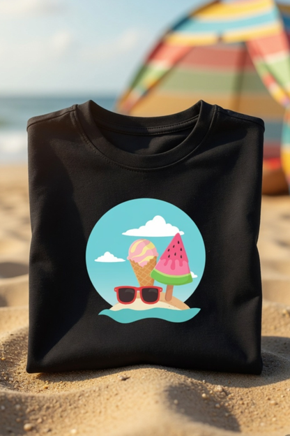 Summer Vibes Baby Tee – Ice Cream & Watermelon Beach Graphic Crop Top