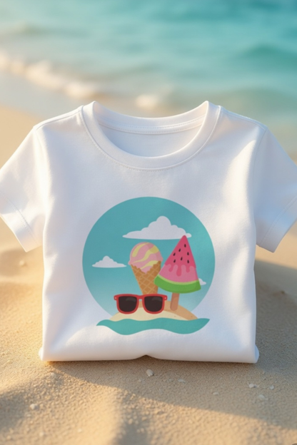 Summer Vibes Baby Tee – Ice Cream & Watermelon Beach Graphic Crop Top