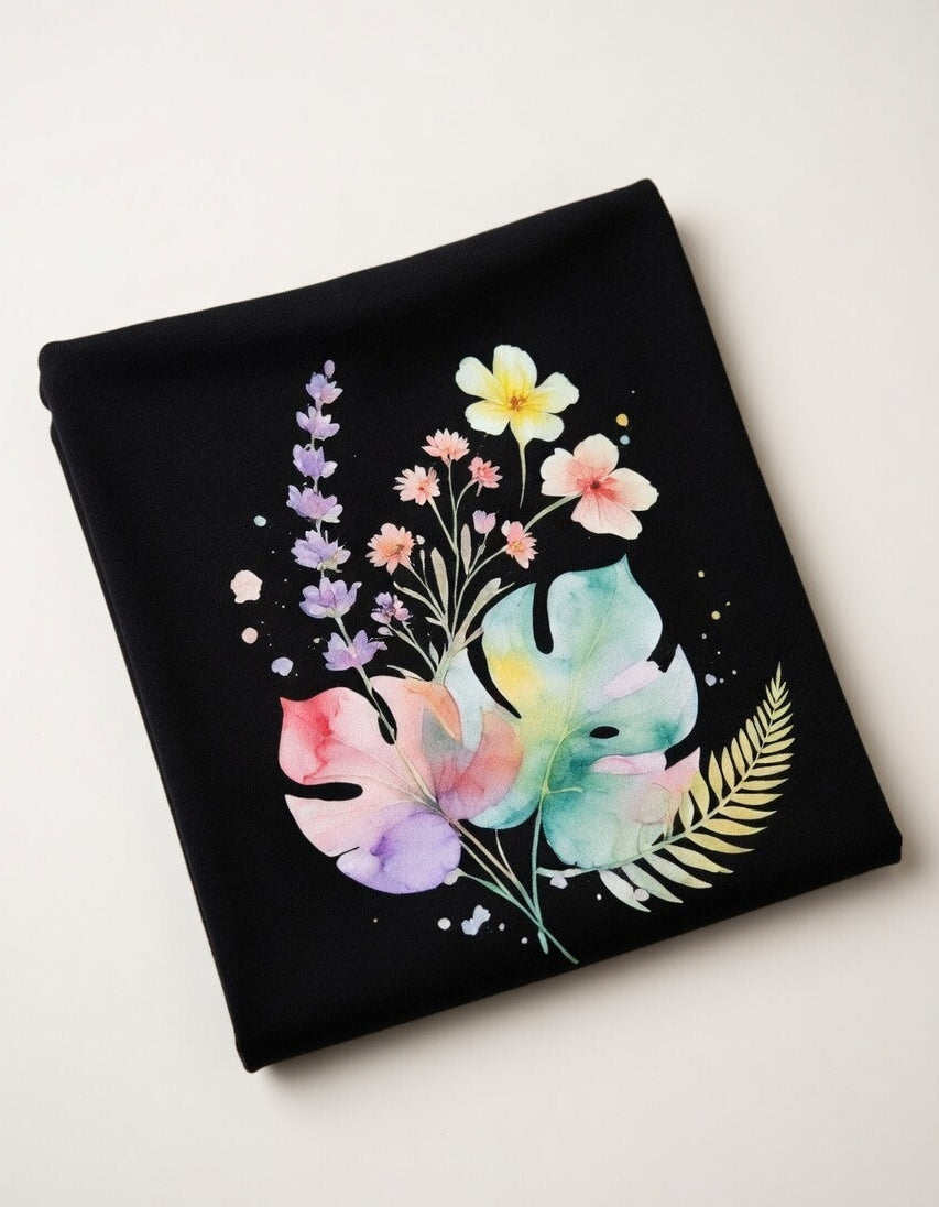 Black fabric with colorful floral design on a white background