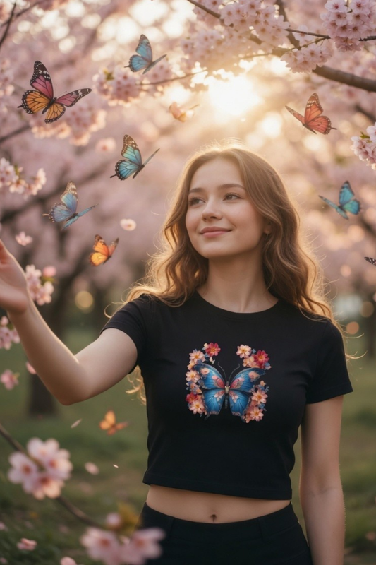 Flutter Magic Floral Butterfly Baby Tee - Crop Top