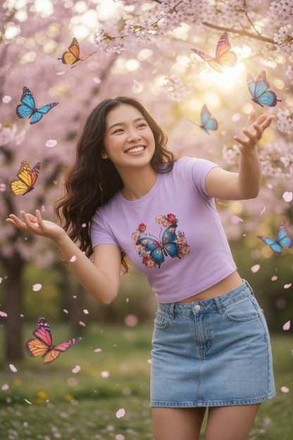 Flutter Magic Floral Butterfly Baby Tee - Crop Top