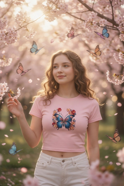 Flutter Magic Floral Butterfly Baby Tee - Crop Top