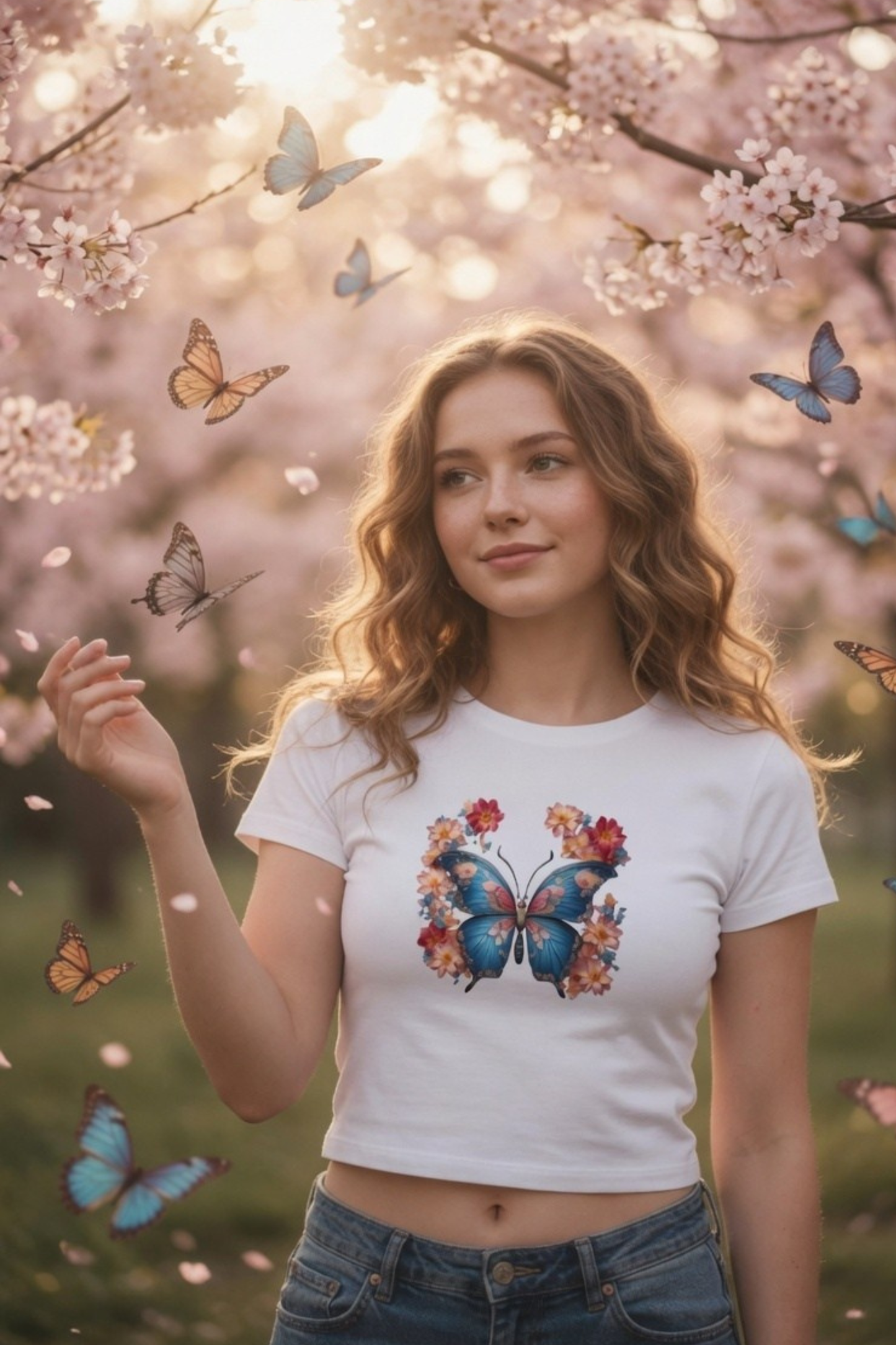 Flutter Magic Floral Butterfly Baby Tee - Crop Top
