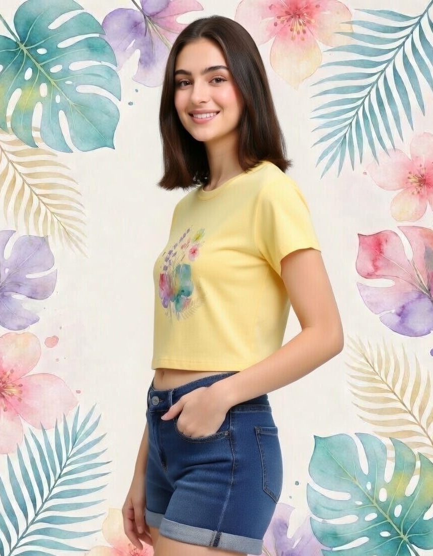 Woman wearing a yellow crop top with floral design and blue shorts against a colorful leaf and flower patterned background.