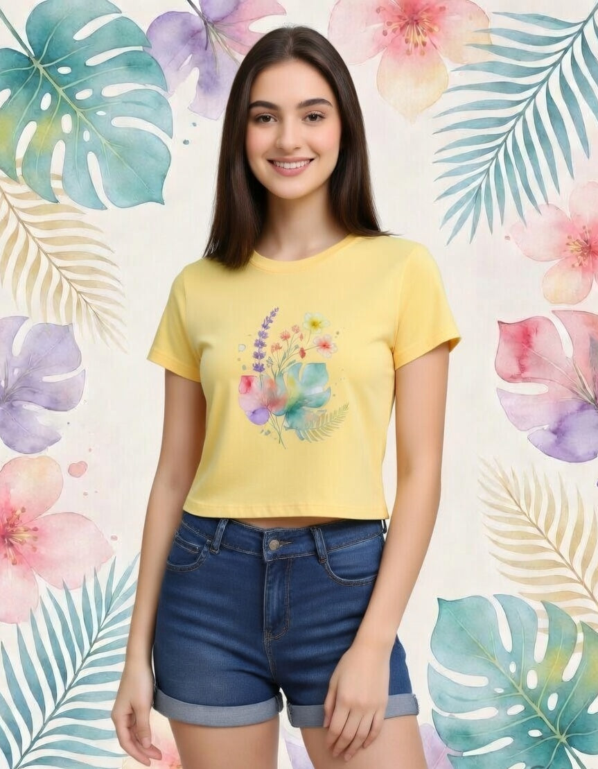 Woman wearing a yellow t-shirt with floral design and blue shorts against a colorful leaf and flower patterned background.
