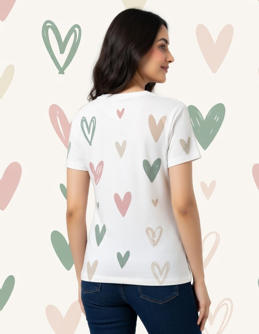 Woman wearing a white t-shirt with heart patterns on a background with heart shapes.